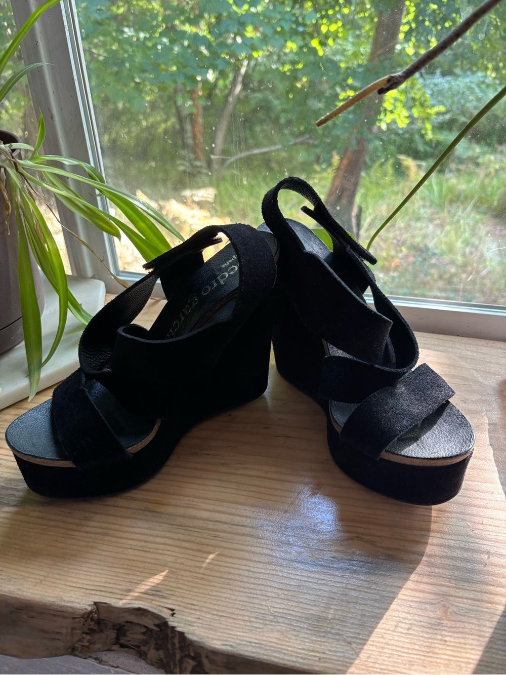 Pedro Garcia Black Suede Platform Wedge Sandals with Crisscross Straps